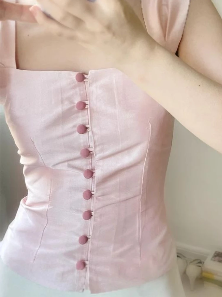 France Style Pink Slim Camisole Women Fashion Designer Sleeveless Skinny Thin Sweet Hot Girl Slip Tees Pretty Chic Retro Clothes
