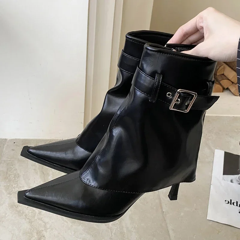 

Aneikeh/пикантные ботильоны на тонком каблуке, уличный стиль, с острым носком, дизайн с пряжкой на ремне, женские короткие ботильоны, весенне-осенняя обувь на молнии
