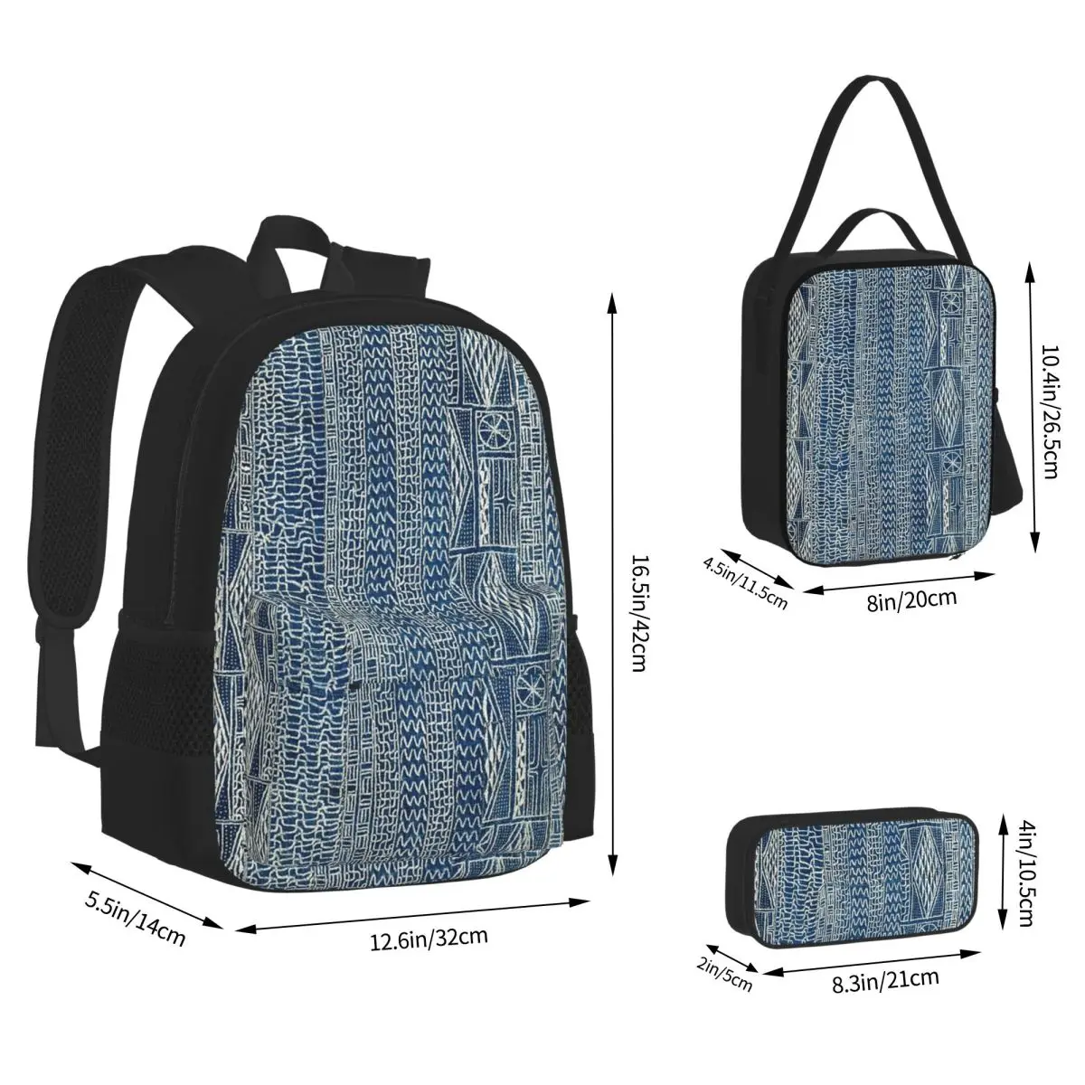 Ndop Cameroon West African Textile Backpacks Boys Girls Bookbag School Bags Children Rucksack Lunch Bag Pen Bag Three-Piece Set