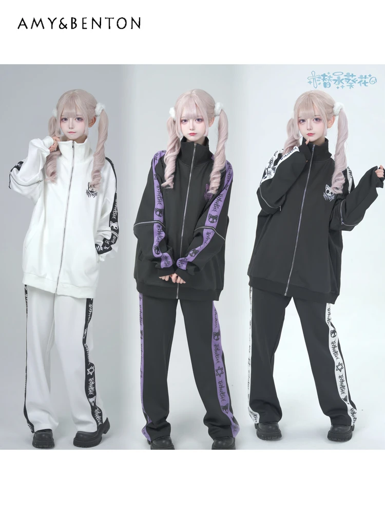Setelan Dua Potong Wanita Bergaya Anime Jepang Asli, Subkultur Gothic, Jaket Oversize Lengan Lepas Pasang, Celana Kasual, Patchwork