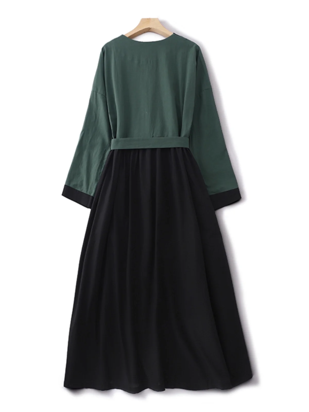 Ele Color Blo coton lin Dr femme taille cintrée ceinture longue V-Ne Dr Faionable jupe trapèze longue Sve