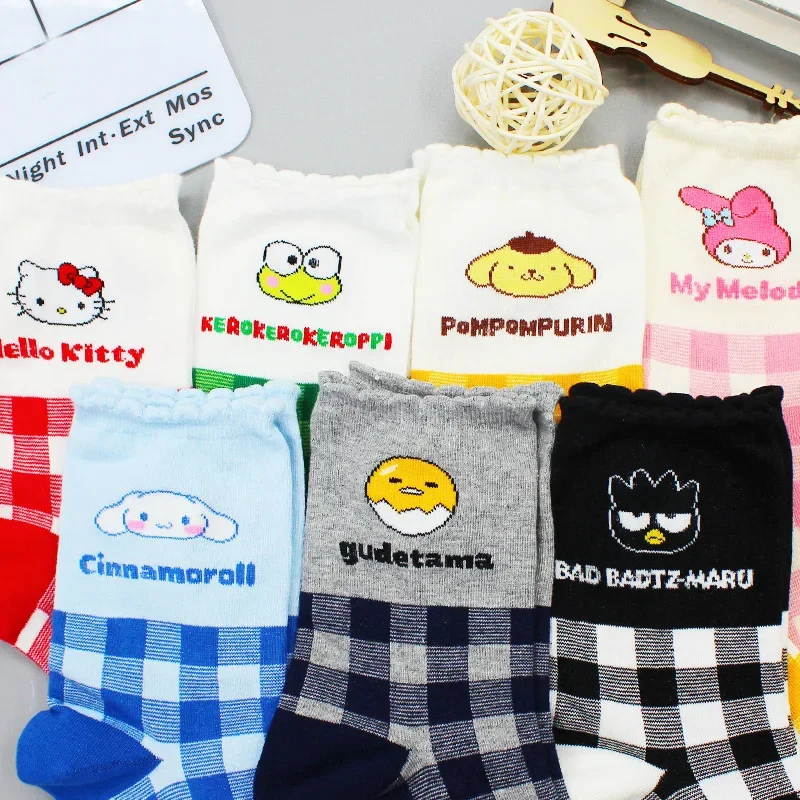 New Hellokitty Kuromi Socks Kawaii Women Anime Cartoon Sanrio Sweat-Absorbent Breathable Plaid Mid-Calf Socks Christmas Gifts