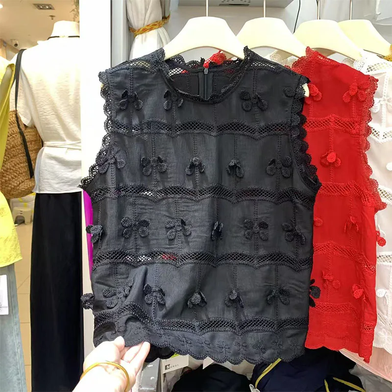 2025 Summer New High-end European Products Loose and Thin Sleeveless Lace Bow Foreign Style Shirt For Women