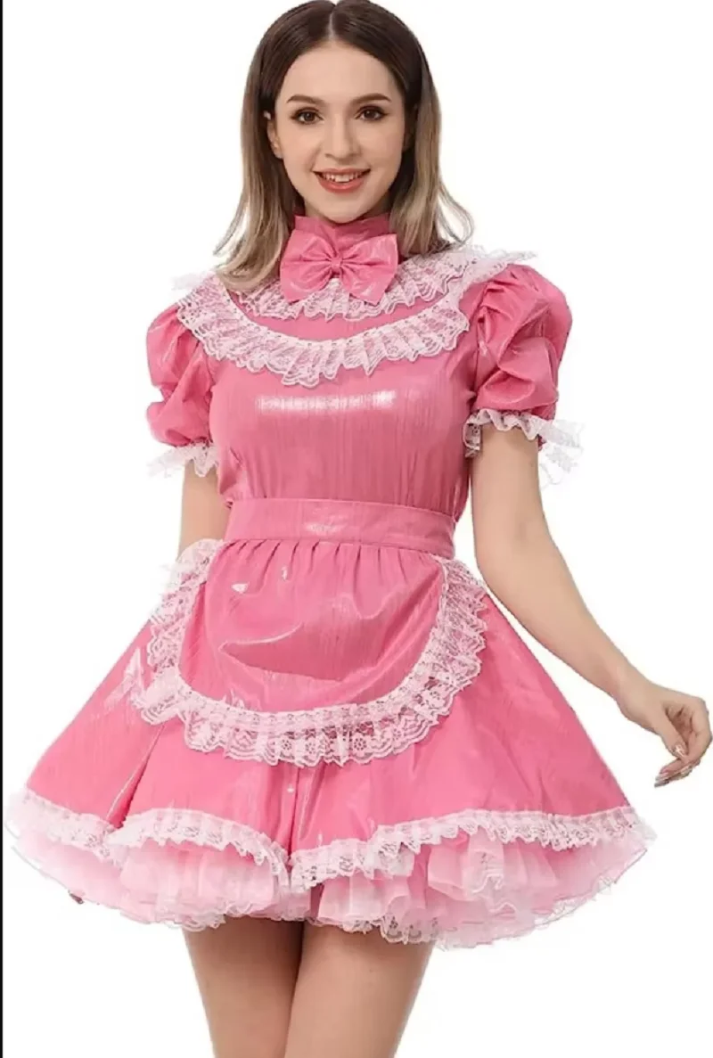 

Pink PVC Sissy Dress with Short Sleeves White Lace Trim Adult Giant Baby Sexy Girl Fluffy Skirt Hem, Girl Makeup Ball Role-pla