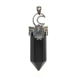 Antique Silver Plated Moon Crescent Necklace Healing Natural Crystal Hexagon Column Pendant Labradorite Stone Pendulum Jewelry