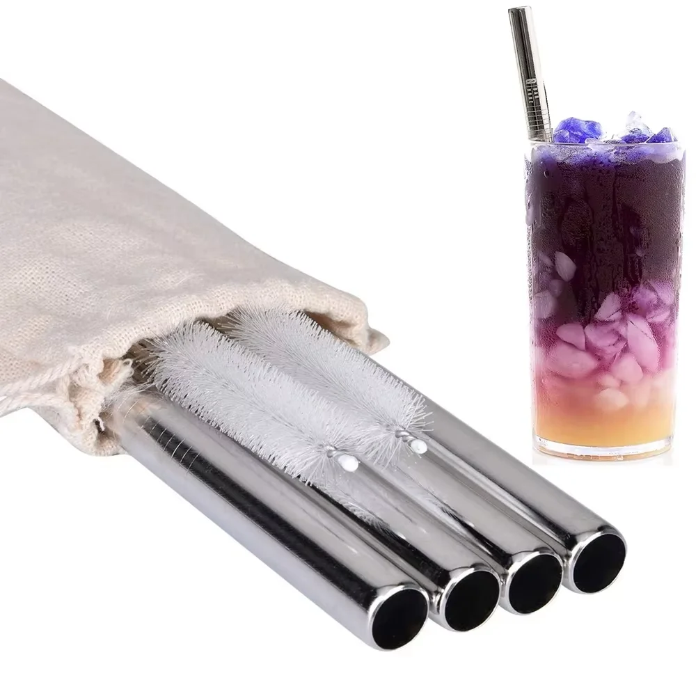 Reusable Boba Drinking Straws with Cleaning Brush 4Pcs Extra Wide Stainless Steel Metal Bubble Tea Straw for Smoothie MilkShakes