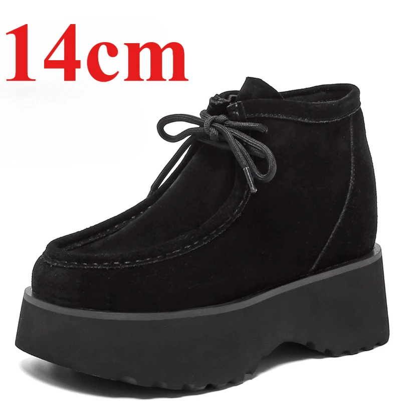 British Style Height Increasing Kangaroo Shoes for Women's 14cm Increase Design Casual Shoe Genuine Leather Brown Elevated Shoes