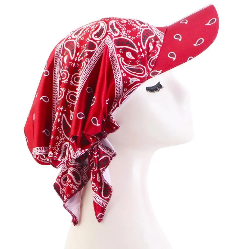 

Ethnic Flower Printed Head Scarf Visor Cap New Muslim Hijab Turban Female Summer Sunhat Headscarf Outdoor Sun Hat With Wide Brim
