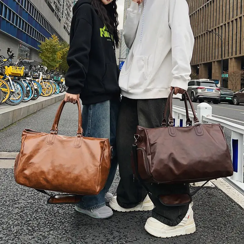 Solid Color Fitness Bag Men's Large-capacity Messenger Sports Bag Leather Luggage Bag for Clothes Hand-held Travel Bag Backpacks