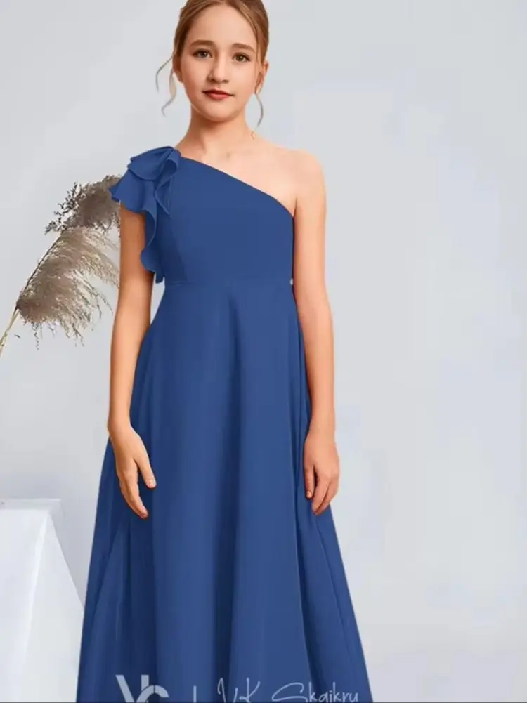 JHG Blue Child Rose A Line One Shoulder Floor Length Chiffon Junior Bridesmaid Dress Flower Girl Dress Kids Girls Wedding Party