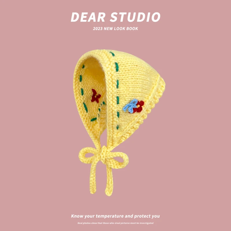 Ins Fashion Handmade Crochet Turban Flower Thick Autumn Winter Triangle Headband Towel Sweet Strap Hair Bag Headscarf Hat