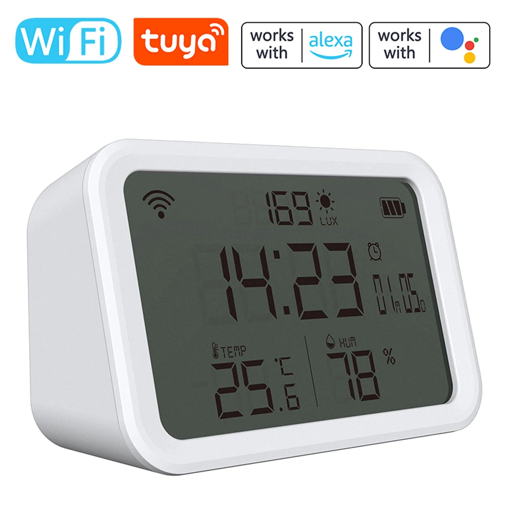 Tuya WiFi Temperature Humidity Light Detection Alarm Clock 4 In 1 Intelligent Sensors Home Household Desk Bedroom Living Room