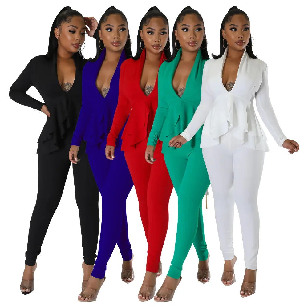 

Autumn 2022 2Pcs Women Fashion Long Sleeve V Neck Blazer Suit Sets Vintage Office Outfits Jacket Long Pant Sets Basic Outwear