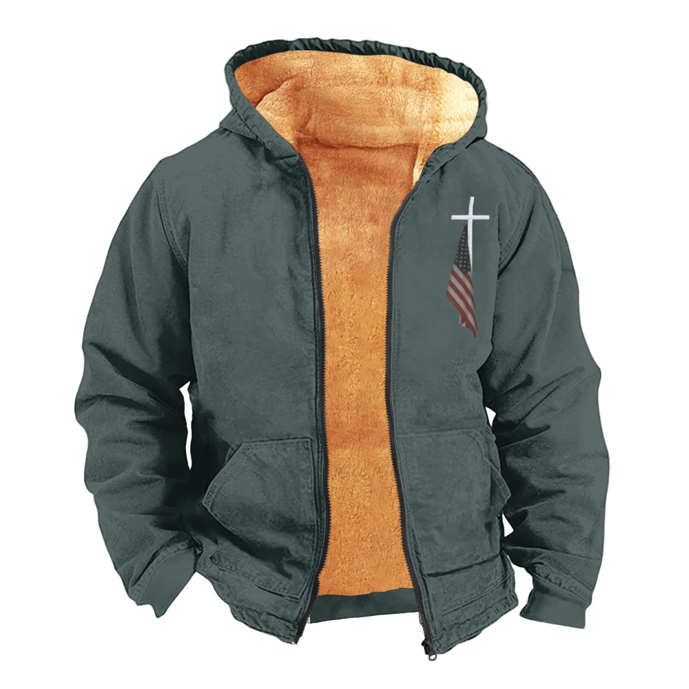 Men's and Teen‘s Thick Hooded Jacket, Parka with Zipper for Outdoor Warmth in Autumn and Winter Simple Style Flag Print