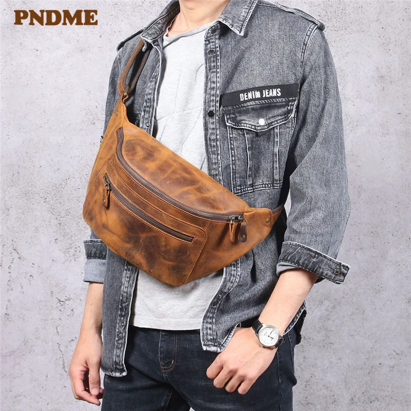 Vintage crazy horse cowhide men chest bag multi-function genuine leather waist pack handmade real cowhide shoulder crossbody bag