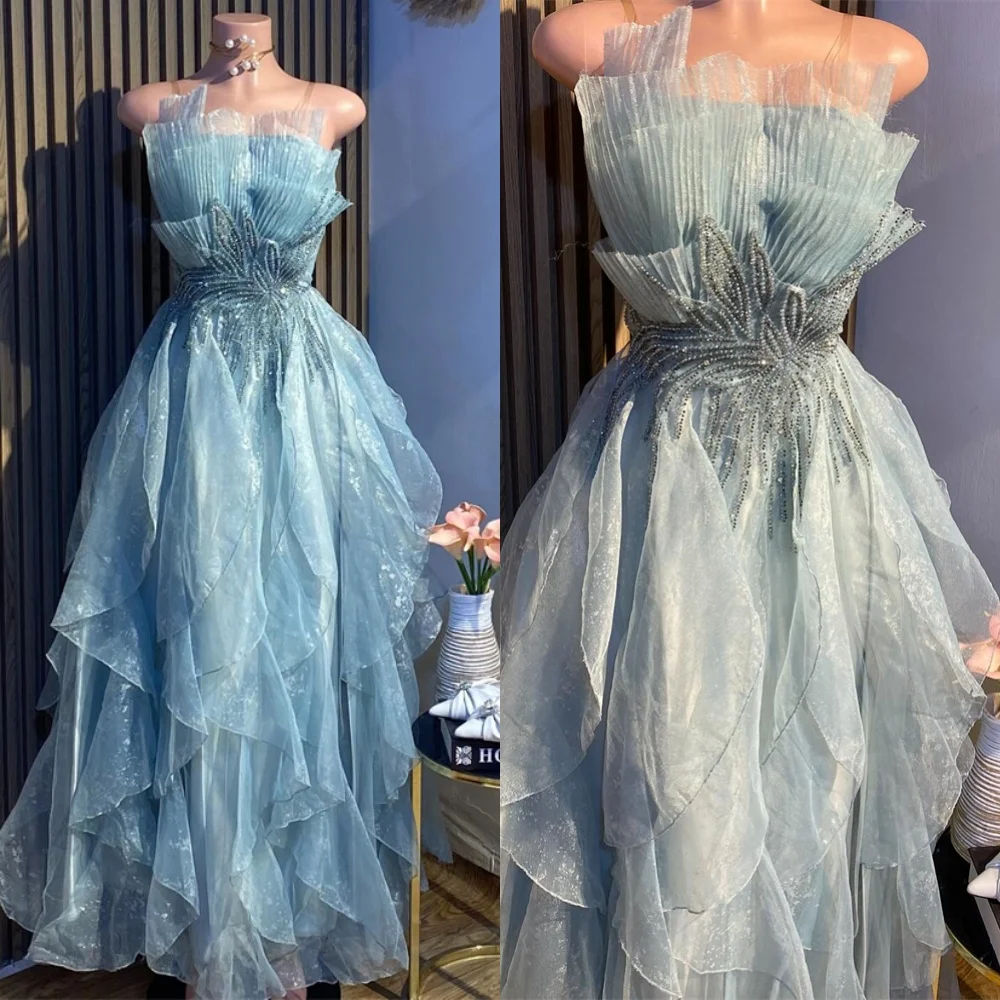 

Customized Sparkly Blue Satin Evening Dress Exquisite Strapless Sleeveless Homecoming Dresses Luxury Special Occasion Gowns