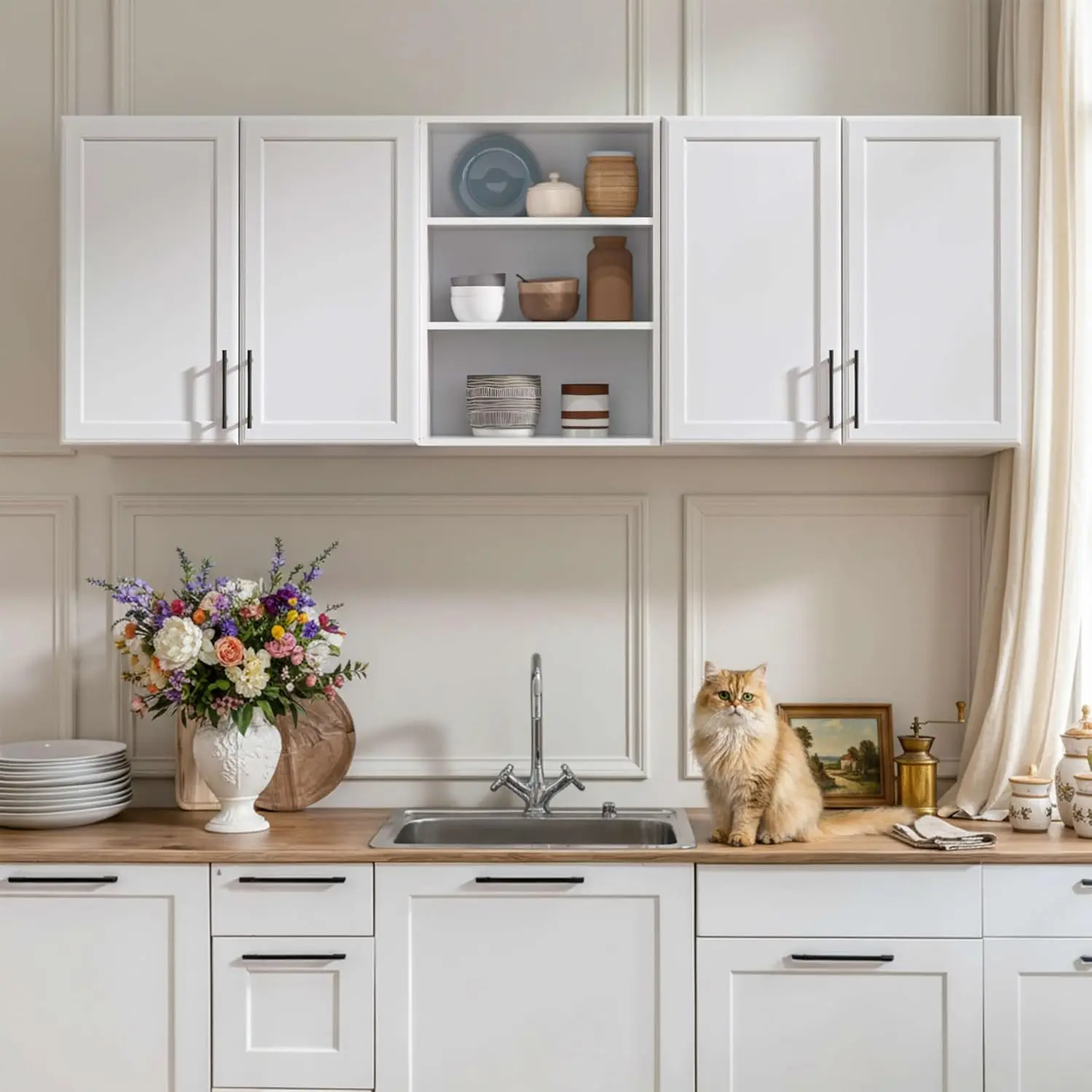 White Upper Kitchen Wall Mounted Cabinets With Two Shaker Doors for Bathroom,Garage,12"D x 22"H,Floating Hanging Storage