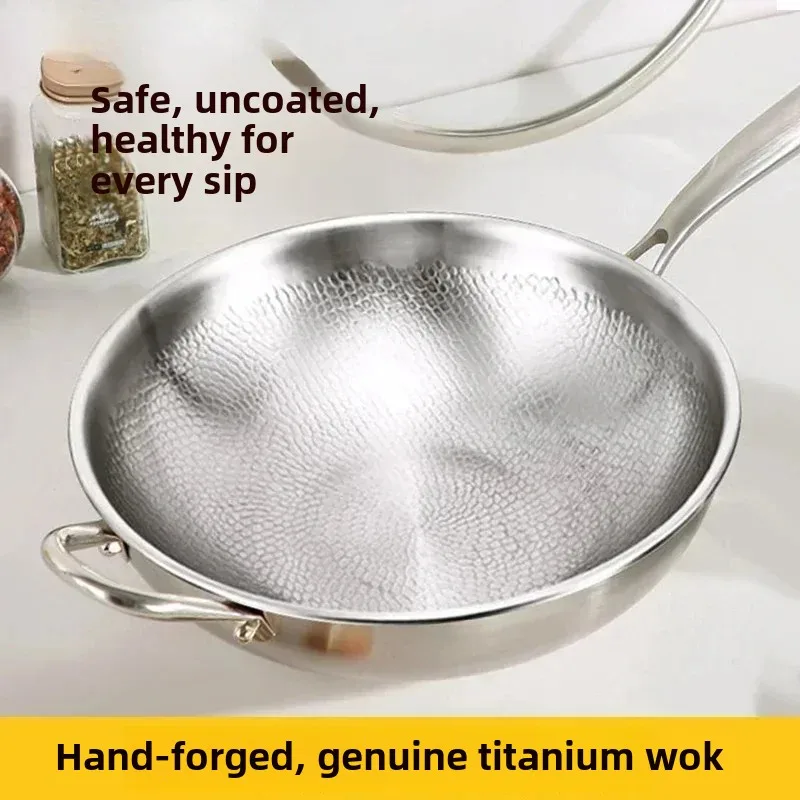 Premium German Titanium Frying Pan Non-Stick Coating-Free Fish Scale Hammer Pattern Titanium Alloy Household Flat Bottom Woks