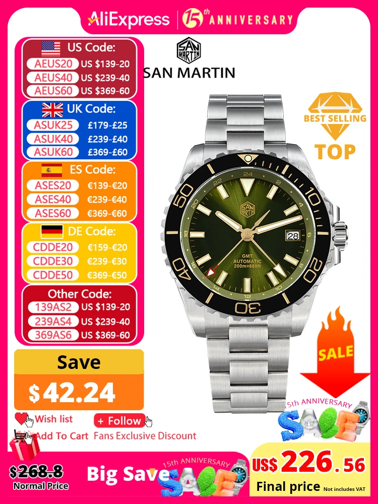 Reloj San Martin Diver GMT de 39mm con esfera esmaltada NH34 de acero inoxidable, reloj de lujo para hombre, reloj mecánico automático con zafiro luminoso SN0136