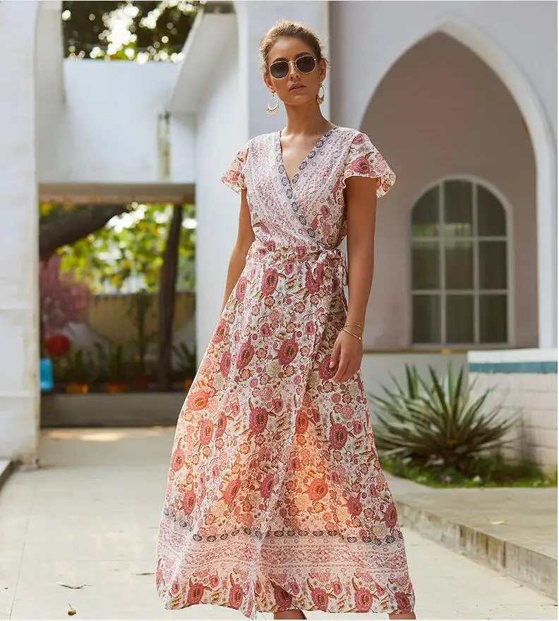 Robe Maxi à Manches Courtes et Col en V pour Femme, Tenue de Plage Décontractée, Sexy, Amincissante, Couleur Unie, Été