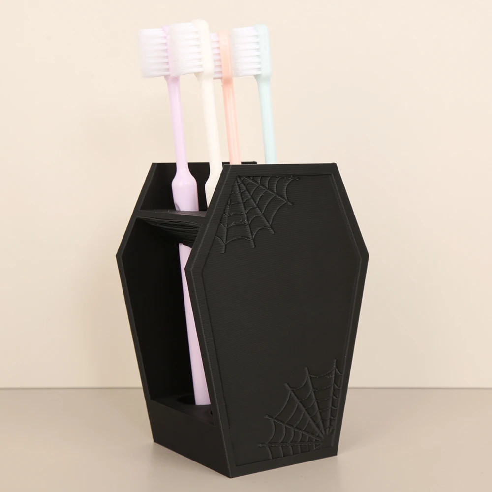 Cross-border Gothic Coffin Shaped Toothbrush Holder With Skeleton And Red Roses Print, Multi-grid Bathroom Vanity Toothpaste Too