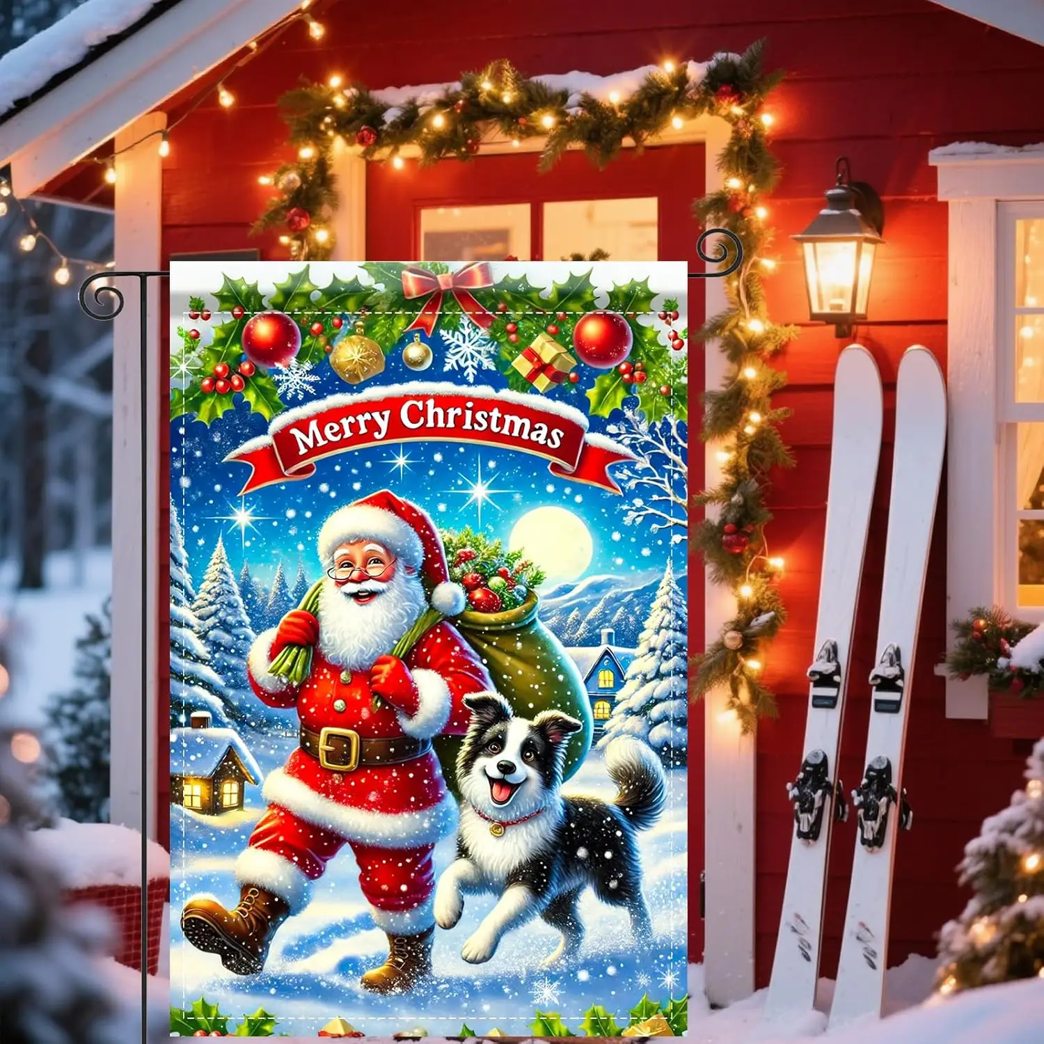Nuxovilar winter garden flag Double Sided Santa Claus - 12x18 Inch Santa & Border Collie in Festive Night Flag for Lawn, UUL EEZ