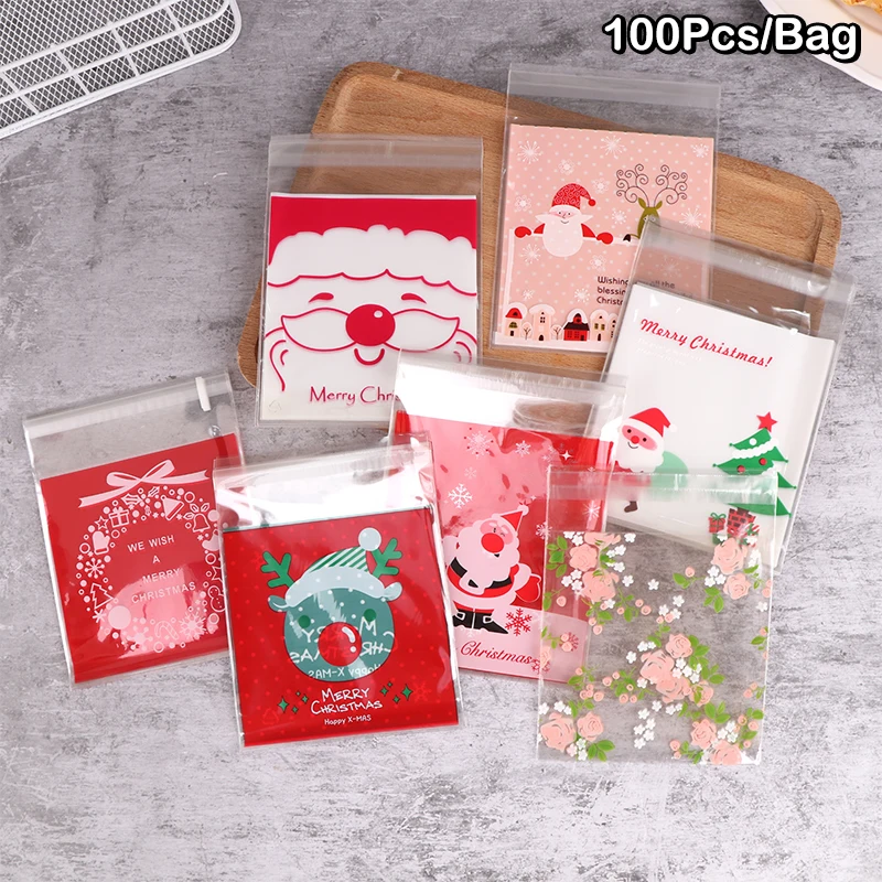 

100Pcs Cartoon Christmas Self Adhesive Bags Cute Biscuit Candy Opp Packaging Bag Small Card Self Sealing Gifts Bags