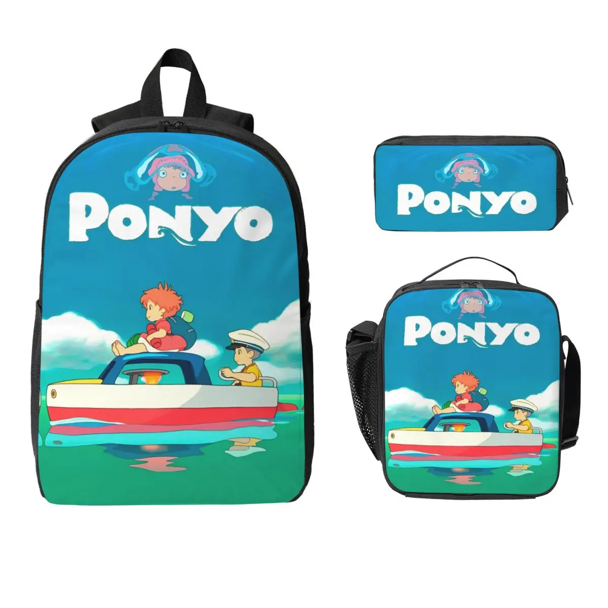 

3Pcs Ponyos Japan merch Backpack Set for Children Pencil Boxes Bookbag Sets with Lunch Box For School Students Daypack