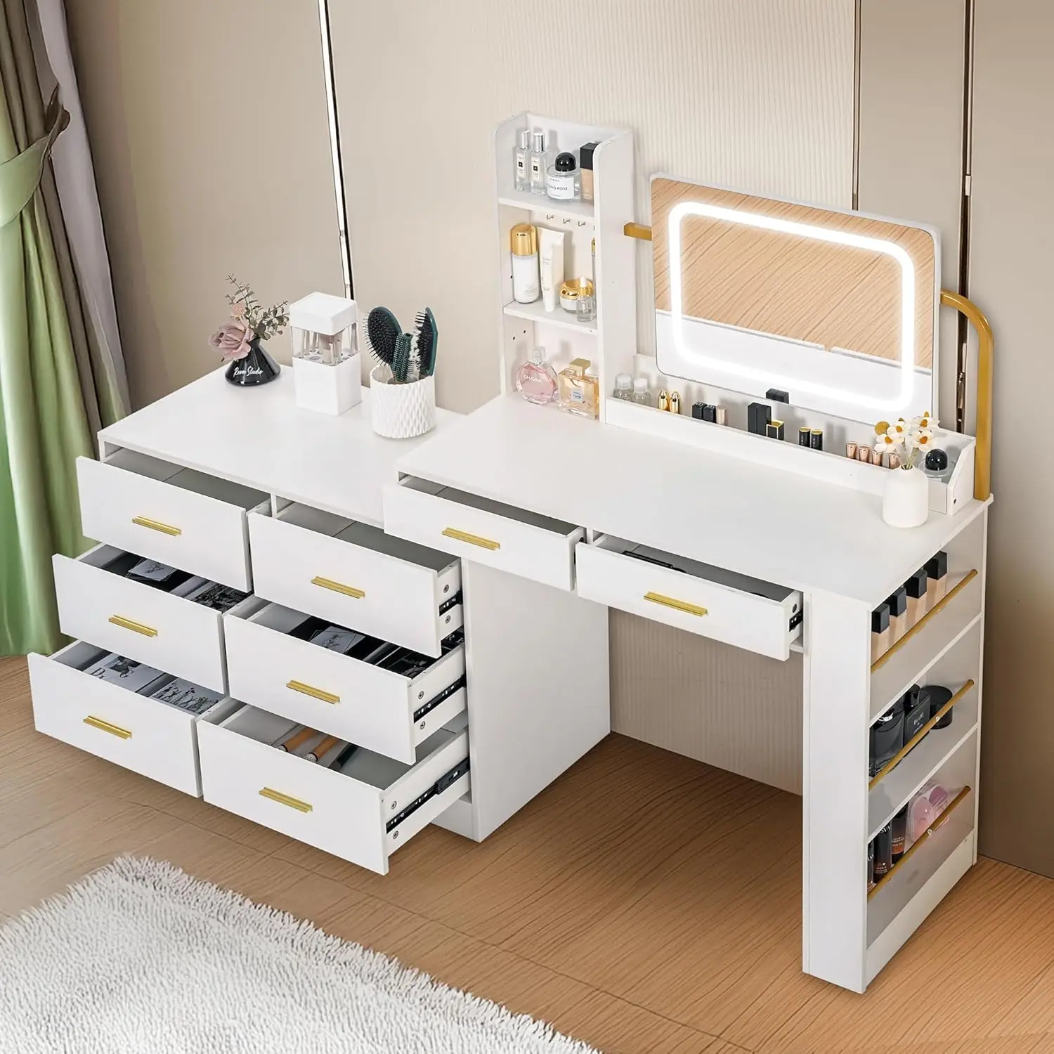 

8 Drawers Makeup Vanity with Mirror and Lights 15 Storage Vanity Desk Golden Handles Dresser Adjustable Width108