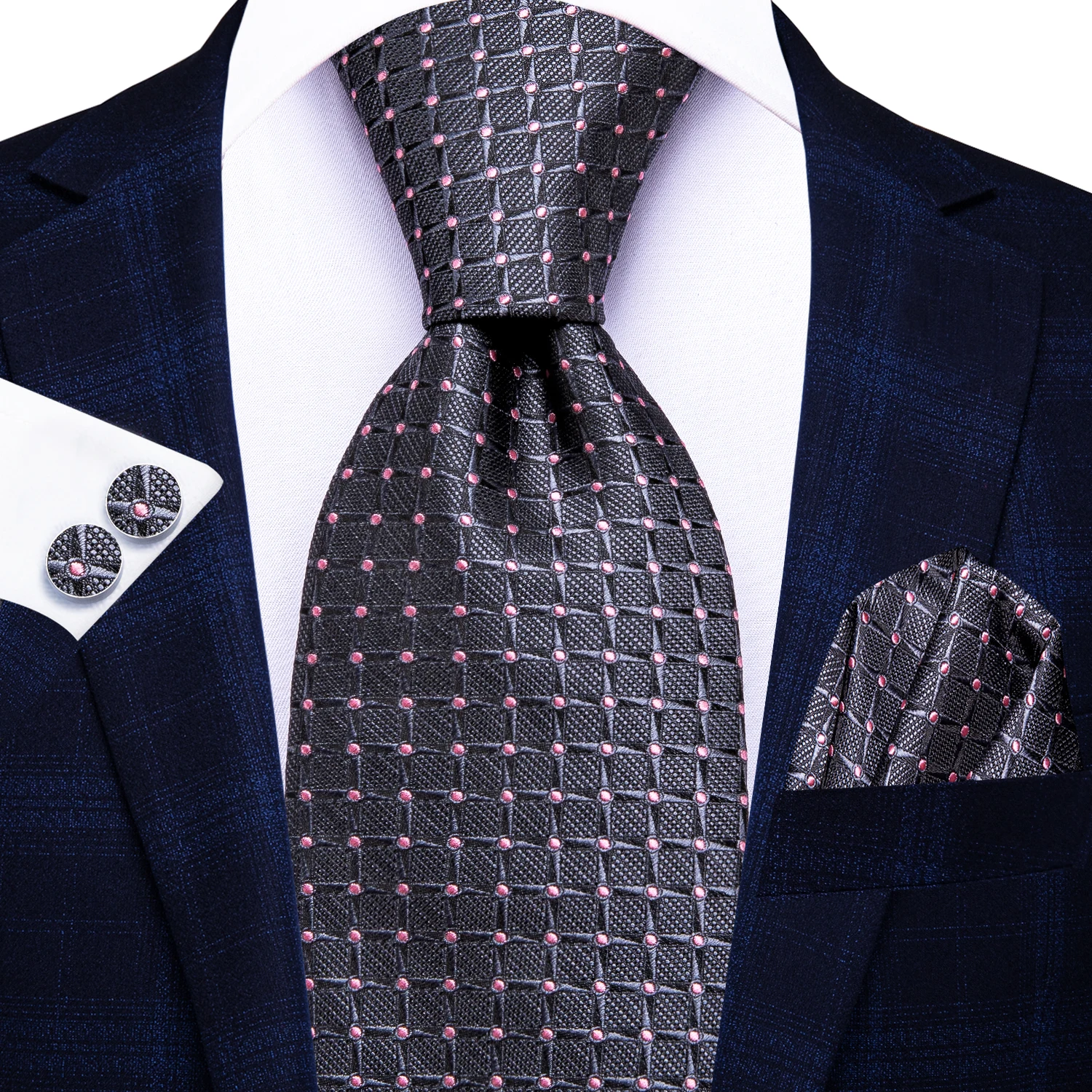 

Hi-Tie Grey Pink Plaid Mens Fashion Necktie Handkerchief Cufflink for Tuxedo Accessory Classic Silk Luxury Tie for Man Gift