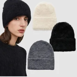 Niche Design Knitted Women Beanies New Alpaca Wool Blended Folded Brim Knitted Lady Wool Hat