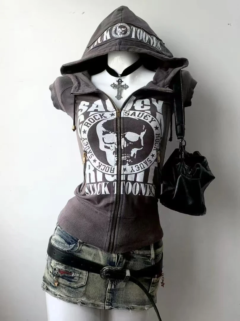 Hoodie Damen Brief Punk Grunge Print Kurzarm Vintage Ästhetische Hoodies Y2k Sweatshirts Femme Winter Kapuzenreißverschluss Mantel