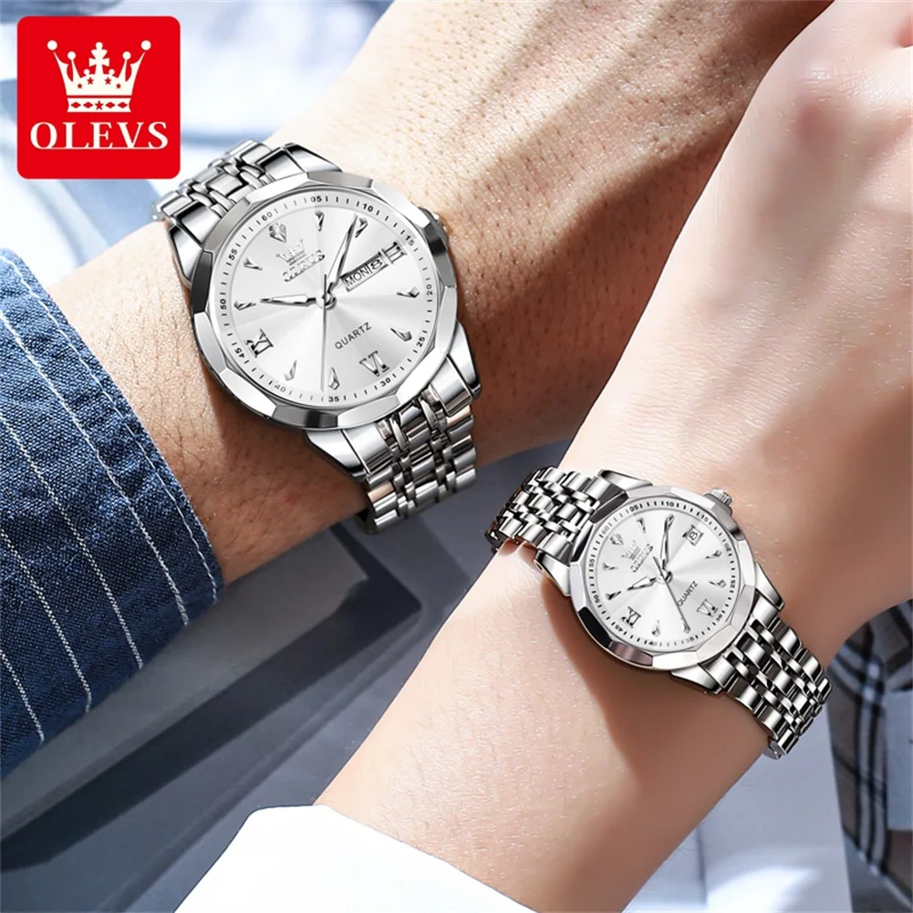 OLEVS 9998 ساعات الزوجين الفاخرة الأصلية الموضة الكلاسيكية العلامة التجارية مقاوم للماء مضيئة كوارتز ساعة اليد نافذة التقويم الساعات #3