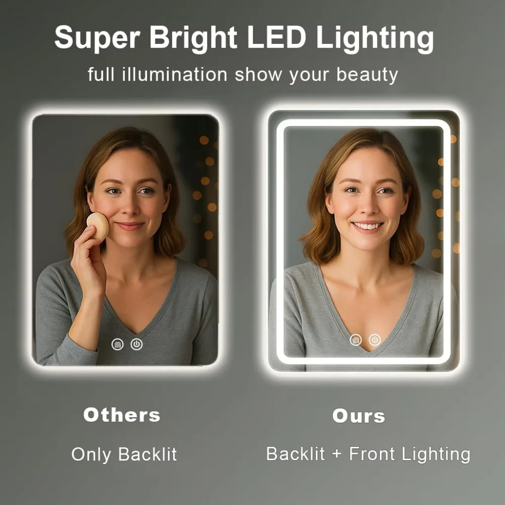 مرآة حمام LED، 20 × 28 بوصة مع أضواء بإضاءة خلفية للحلاقة، مرآة مكياج بدون ضباب مثبتة على الحائط مع ديميستر، #3