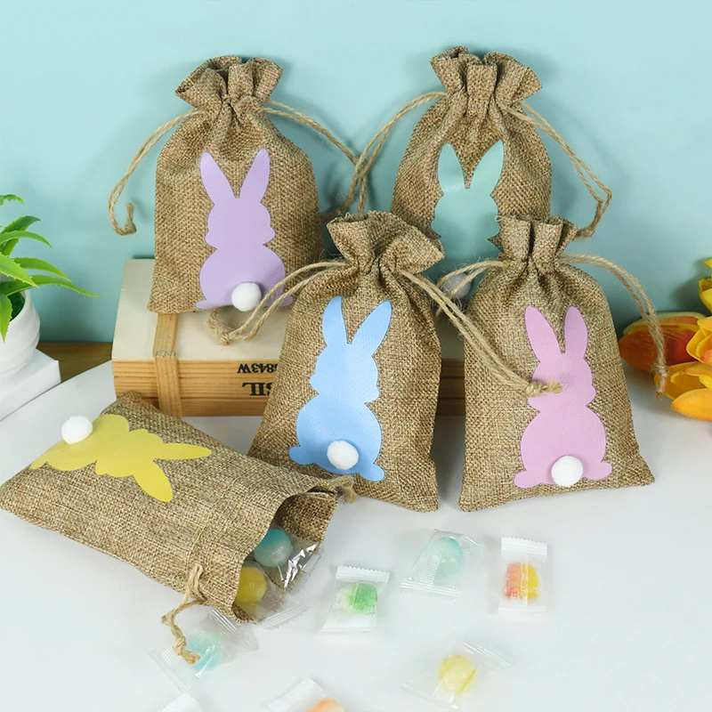 

24pcs Easter Burlap Bags Cute Bunny Rabbit Linen Gift Candy Snacks Drawstring Bags Happy Easter Birthday Party Favors Decoration