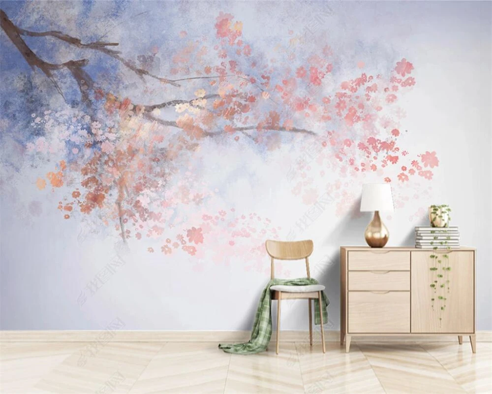 

beibehang Customized modern hand-painted Nordic elegant cherry tree pink flower romantic indoor background wallpaper