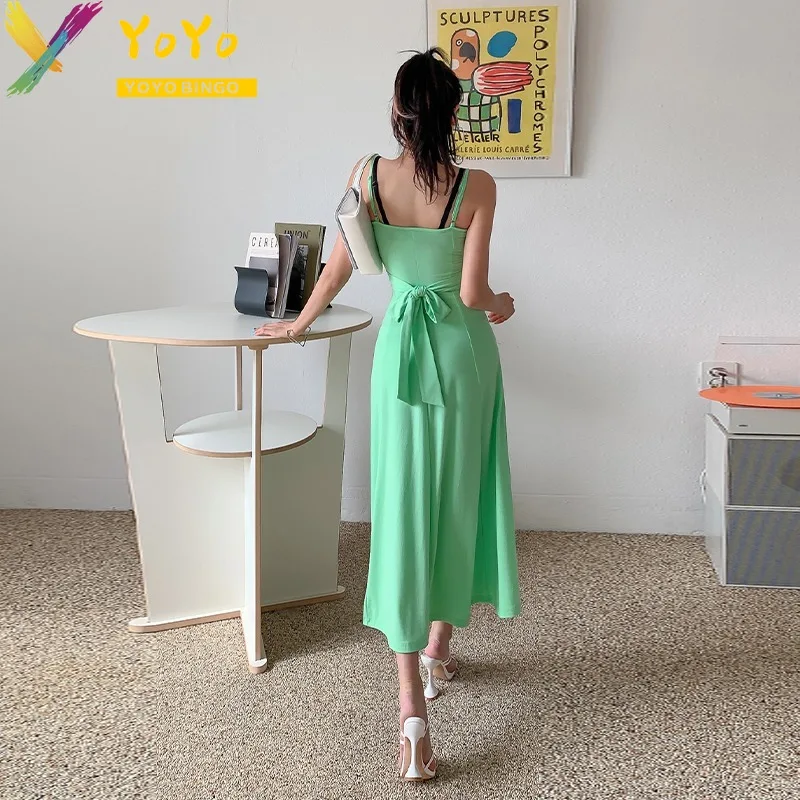 Fashionable and Sexy Green Paghetti StrapV Collar Split A-line Dress 2024 Summer Elegant Slim Bodycon Chic Party Ankle Dress