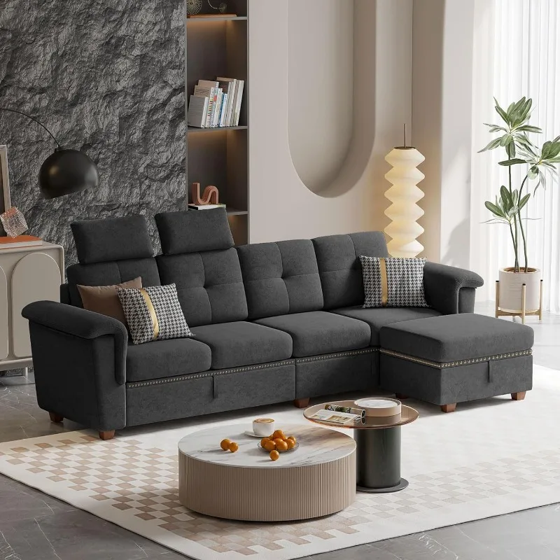 Convertible Sectional Sofa with Storage, 4 Seat L Shaped Couch with Chaise and Cup Holder, Modern Microfiber Fabric Sofas