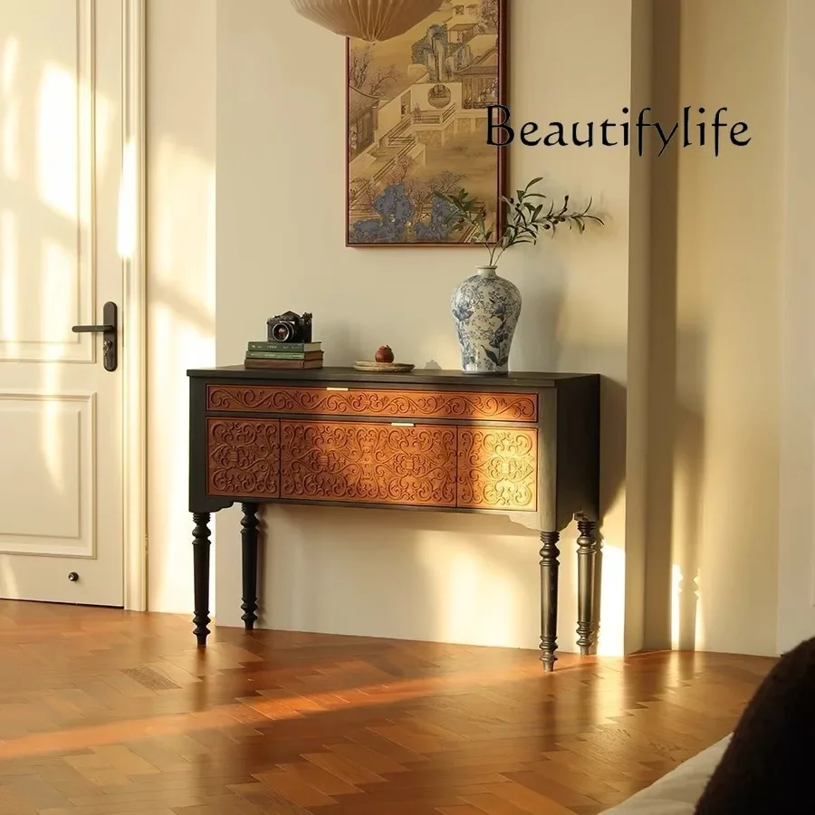 J French solid wood retro entrance table, living room contrasting color creative home decoration cabinet, carved ash wood entran