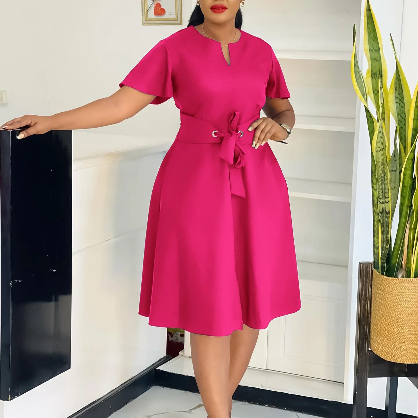 D574 Women's Fashion 2026 Summer Elegant Solid Color Tie Short Sleeve Plus Size Dress