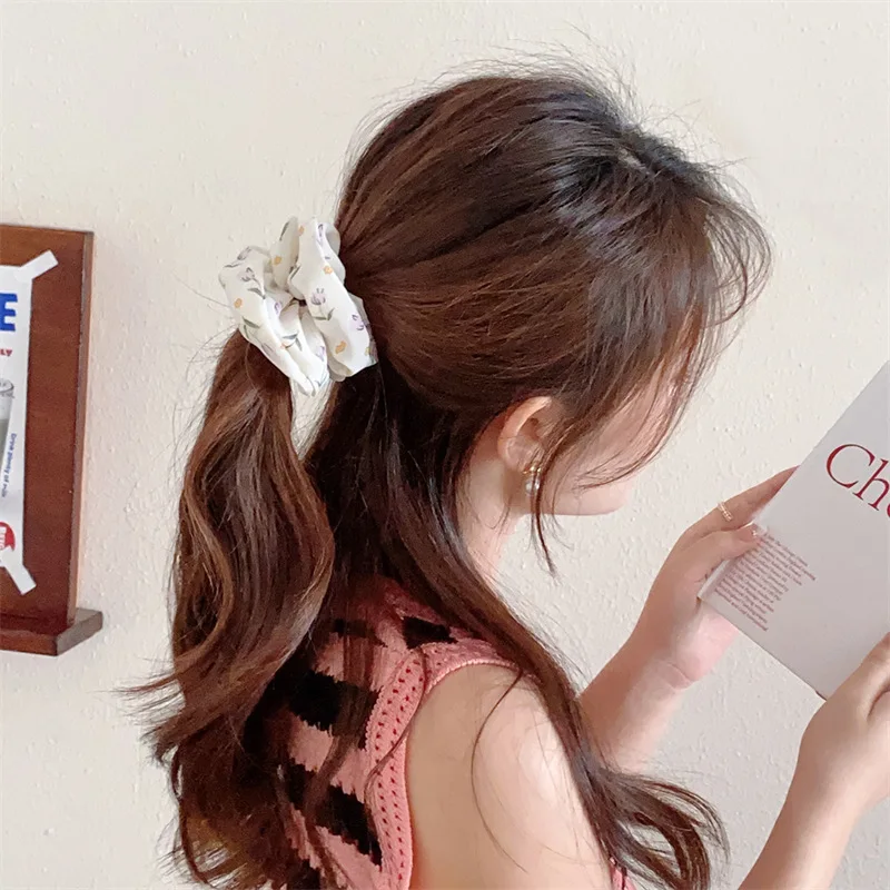 Korean Woman Small Fresh Fabric Flower Printing Elastics Hair Band Sweet Scrunchies Hair Tie Girl Ponytail Hold Hair Accessories