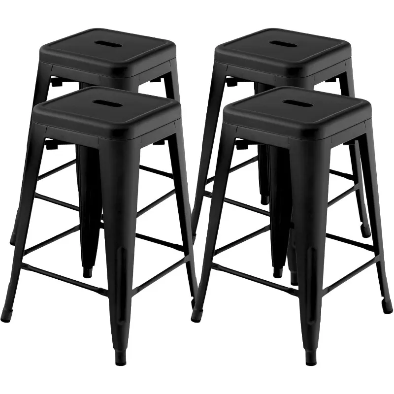 Bar Stools Set of 4, 24” Stackable Metal Stools with Square Seat & Handing Hole, X-Shaped Reinforced Design, Backless Bar Chairs