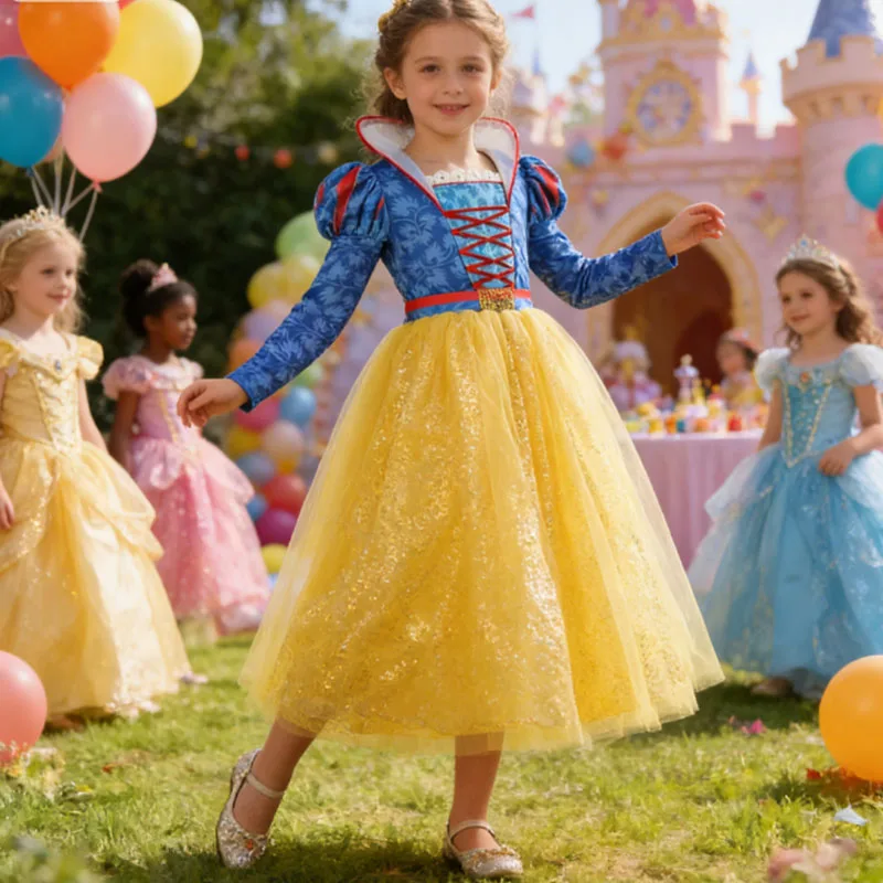 

Carnival Girls Cosplay Princess Snow White Long Sleeves Costume Birthday Party Fantasy Themed Party Gown Mesh Tutu Outfit Dress