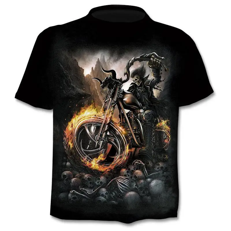 New retro street punk motorcycle men's T-shirt 3D shirt casual fashion hip-hop horror short sleeved round neck men's clothing image 5