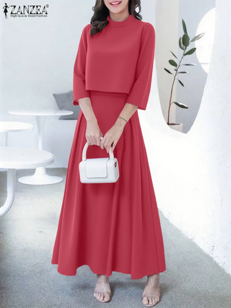 Elegant Long Skirts Sets Women 3/4 Sleeve Blouse Pleated Skirts ZANZEA 2025 Casual Matching Sets Summer Stand Collar Outfits