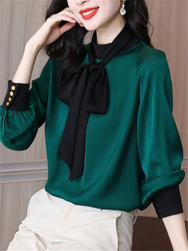 Wiosna letnie bluzki kobiety koszula zielony sweter wstążka szalik jedwabna koszula dla kobiet zmniejszenie kontrast wstążka jedwab jedwabna koszula