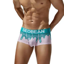 Sexy Men Underwear Print Ice Silk Elastic Comfy Quick Dry Sports Boxer Shorts Youth Low Waist U Convex Pouch Cotton Crotch Trunk