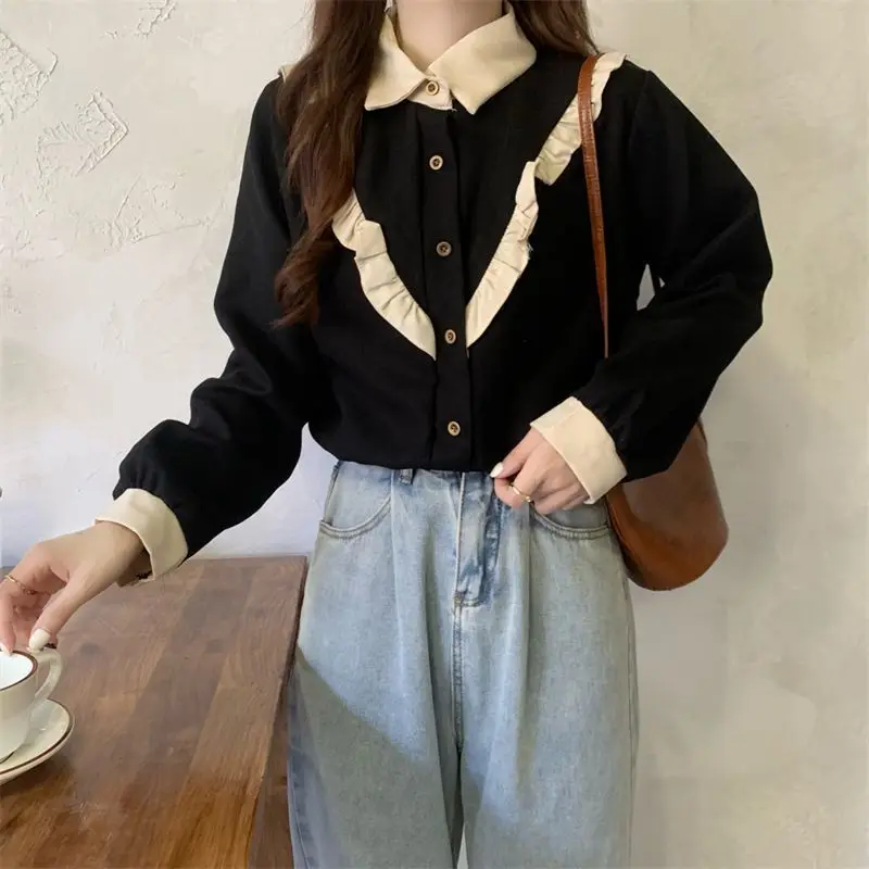 

Long Sleeve Shirts Women Chiffon Ruffled Button Down Blouses Turn Collar Slim Fit Feminine French Style Casual Autumn Looks