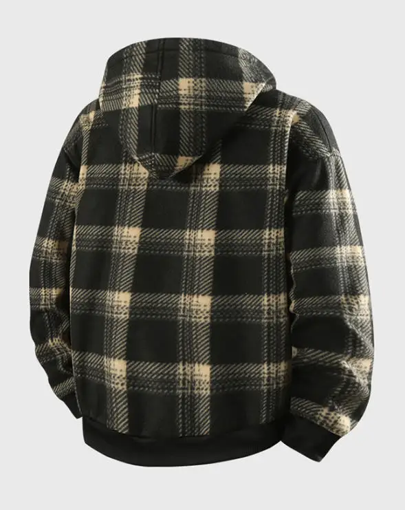 Neue modische, mit Fleece gefütterte, lässige Herren-Hemdjacke mit Kapuze und Karomuster – Detail 6