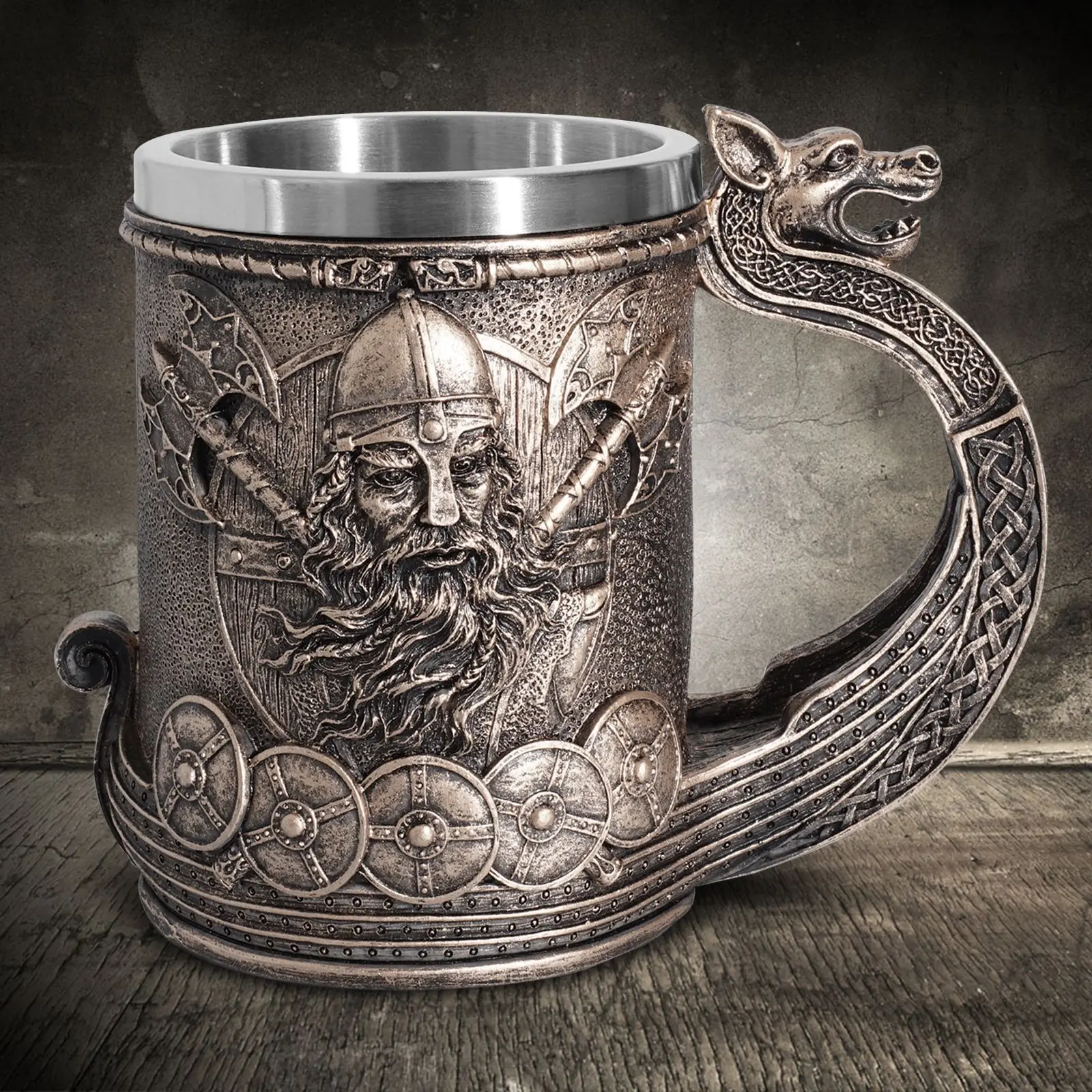 

Medieval Norse Viking Ship Beer Mug Stein Stainless Steel Inner Bronze Color Viking Warrior Coffee Drink Cup for Men's Gift